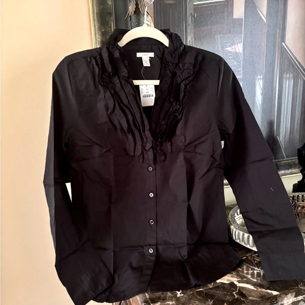 J.Crew, 100% cotton, solid black blouse with beautiful ruffled chest and collar!